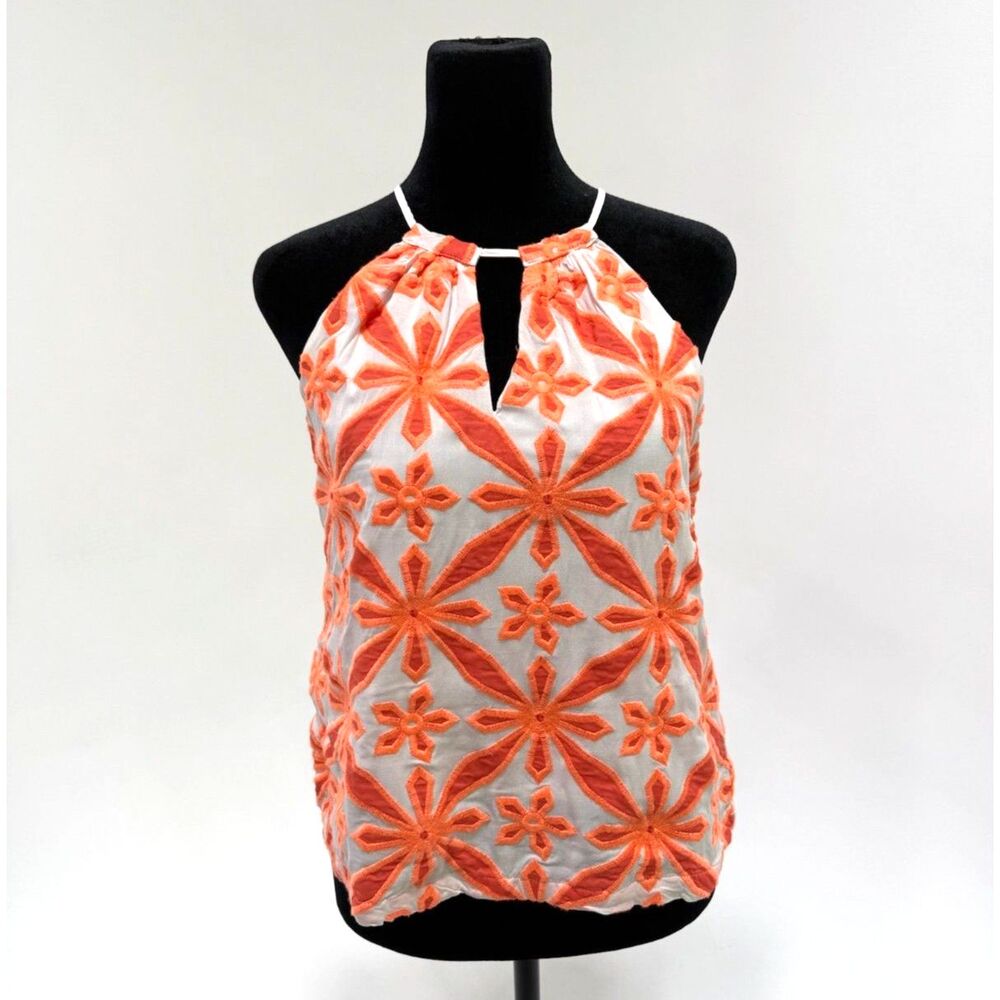 Skies are Blue	white halter with neon orange /coral embroidered star flowers